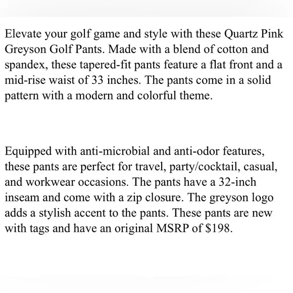 Greyson Golf Pants Appaloosa Corduroy 33 x 32 Quartz Pink